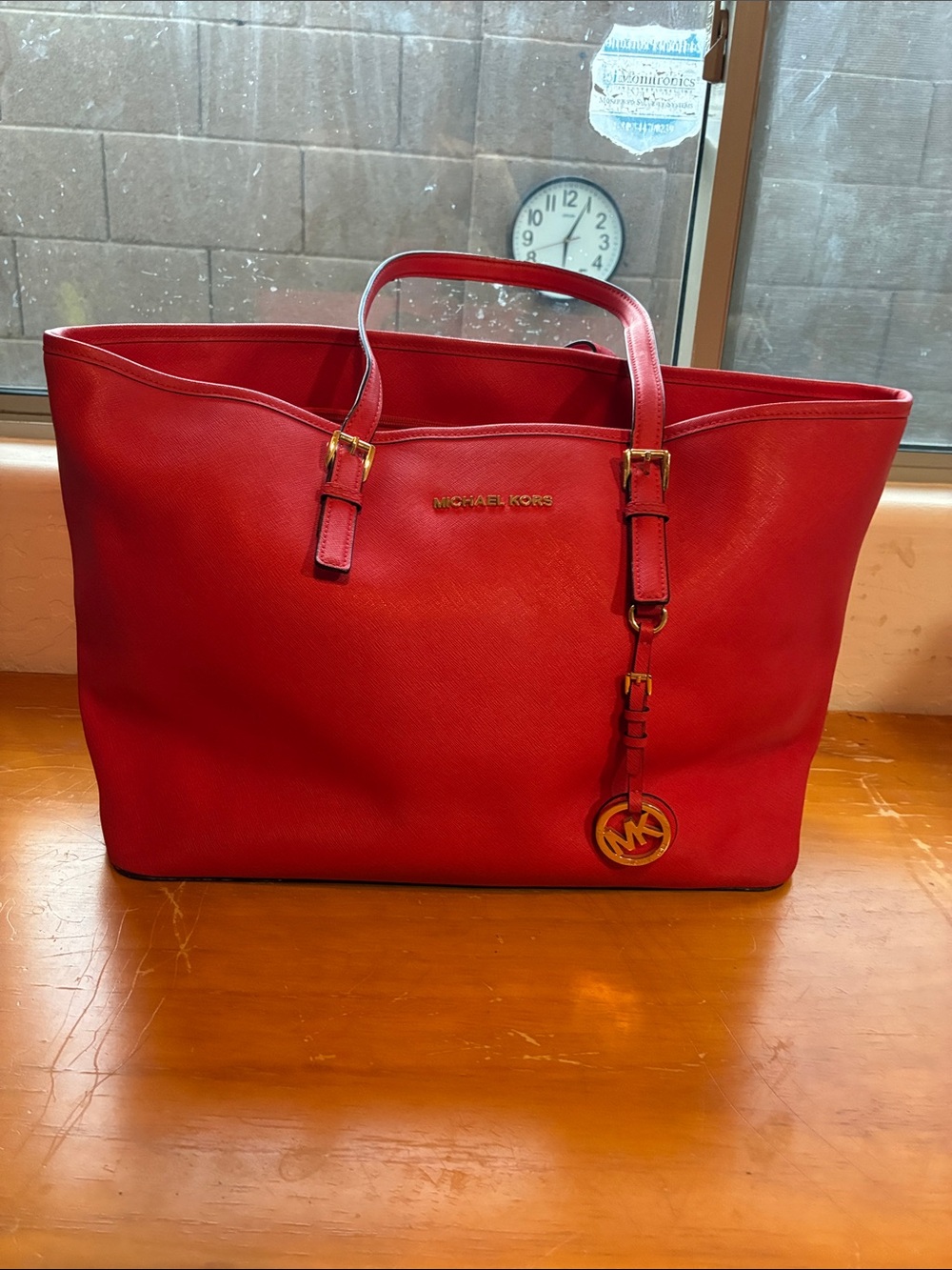 Michael Kors Bright Coral Pink  Leather Tote with Gold-Tone Hardware